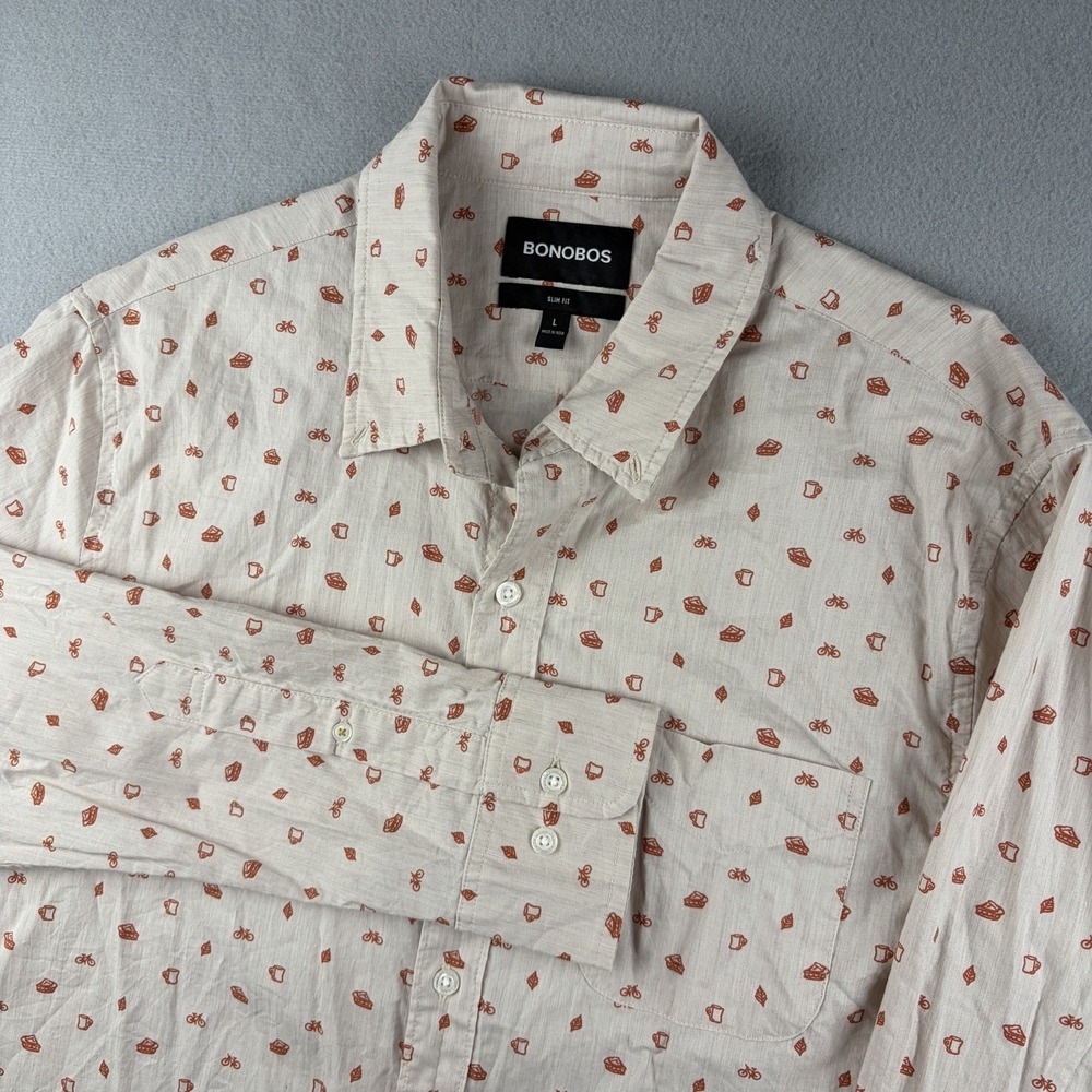 Bonobos Slim Fit Button Up Shirt Novelty Print Beige Orange Men's Large